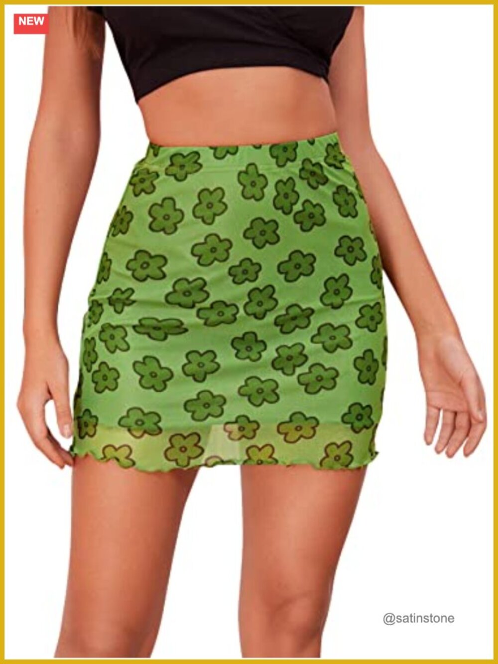 Women's Floral Mesh Overlay Bodycon Mini Skirt High Waist Lettuce Trim
